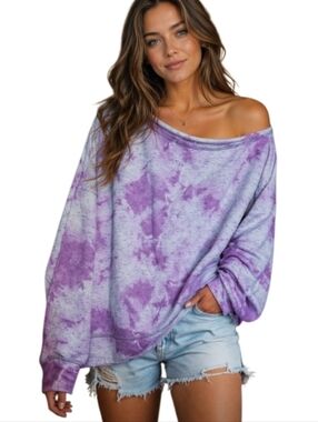 NWOT Free People Lavender Tie-Dye Off-Shoulder Oversized Sweatshirt